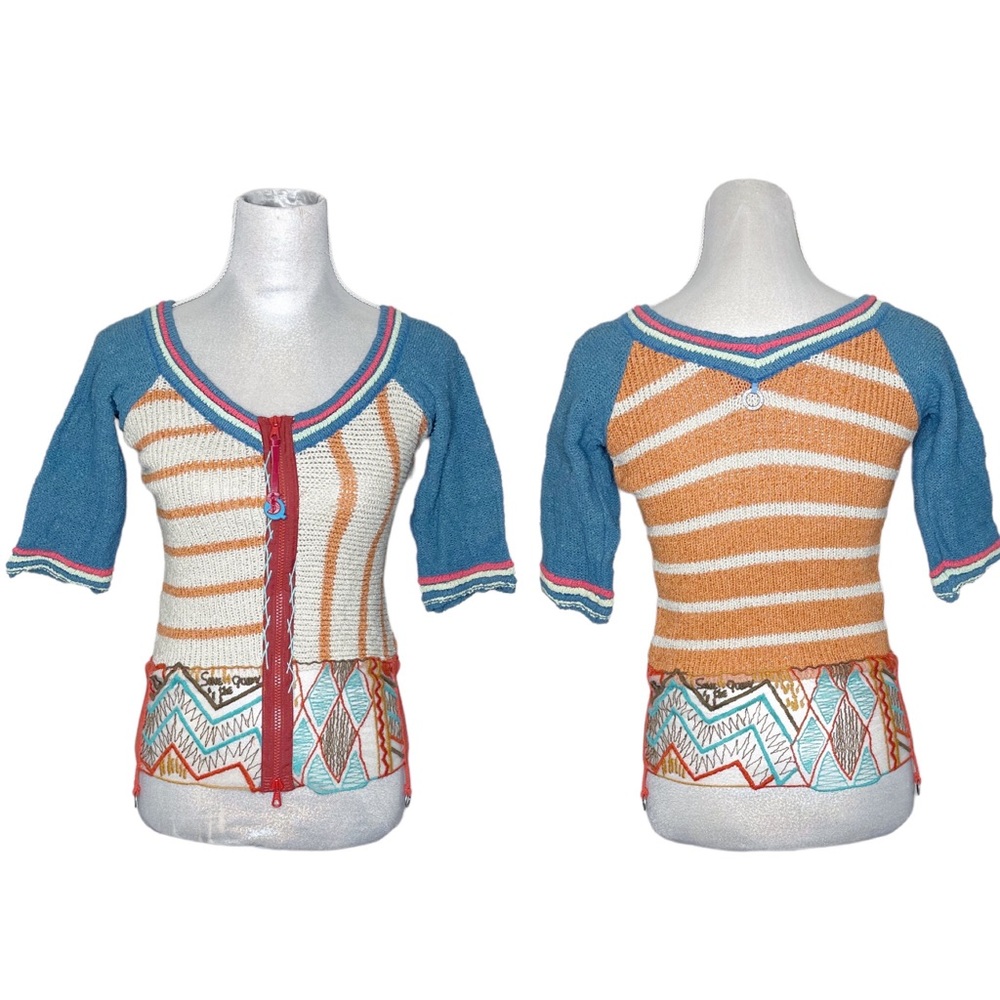 Save the Queen Zip Up 3/4 Sleeve Striped Embroidered Sweater Cardigan Small